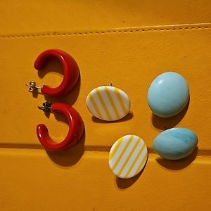 3 Sets of Fun Earrings Carnation Pink, Sky Blue, and Beachy Yellow and White